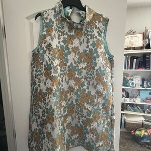 NWT Buru Brocade shift dress in aqua with Mandarin Collar